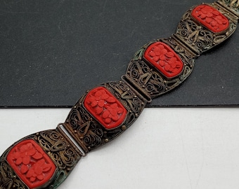 Vintage Cinnabar Bracelet, 1930's 940's Antique Chinese Export Jewelry