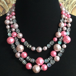 1950s 1960s Vintage Pink Lucite Beaded 3 Strand Japan Signed Necklace