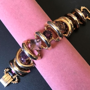 Vintage Purple Rhinestone Gold Tone Metal Book Chain Bracelet, 1950&#39;s 1960&#39;s Jewelry