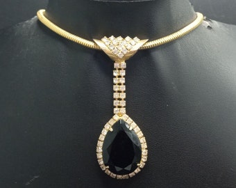 Vintage Black Rhinestone Pendant Necklace New Old Stock 1970's 1980's Jewelry