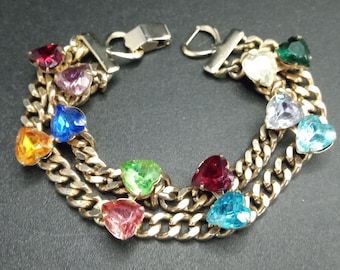 Oleet Designer Signed Bracelet, Vintage Lucite Heart Rhinestone Chain Bracelet, 1950's 1960's Jewelry