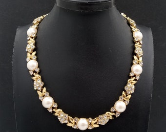 Vintage Rhinestone Faux Pearl Necklace 1990's Jewelry