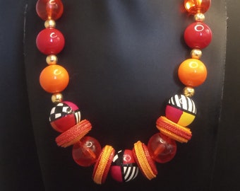 Vintage Black Orange Red White Chunky Beaded Statement Necklace 1970's 1980's