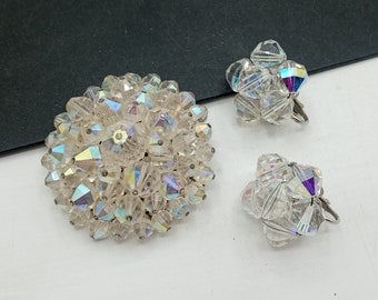 Vintage Crystal Glass Beaded Brooch Pin & Clip On Earrings Jewelry Set 1950's