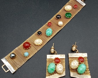 Vintage Gold tone Metal Mesh Colorful Cabochon Bracelet & Pierced Earring Jewelry Set, 1950's 1960's Jewelry