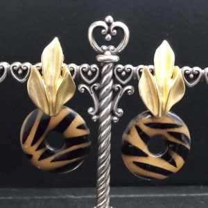 N.J. Vintage Signed Norma Jean Earrings, Dangle Drop Clip on Hoop Earrings, 1980&#39;s 1990&#39;s Animal Print Jewelry