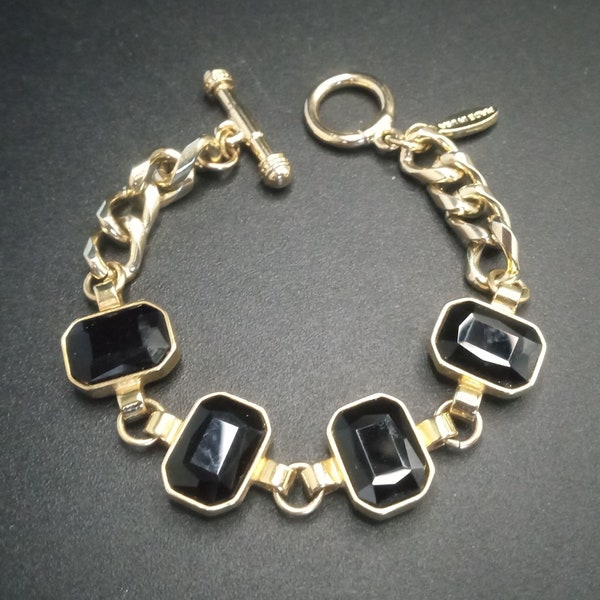 Vintage Signed Black Glass Chunky Chain Bracelet 1980's 1990's