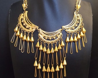 Vintage Gold Tone Ornate Fringe Bib Necklace, 1970's 1980's Jewelry