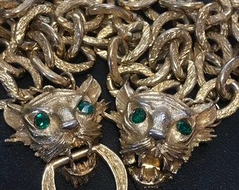 Vendome Vintage Designer Signed Green Rhinestone Eyes Lion Chunky Chain Bracelet, 1960's 1970's