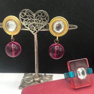 Purple & Pink Lucite Bangle Bracelet Rhinestone Ring Earring Set of 3 Chunky Collectible Retro Jewelry Lot