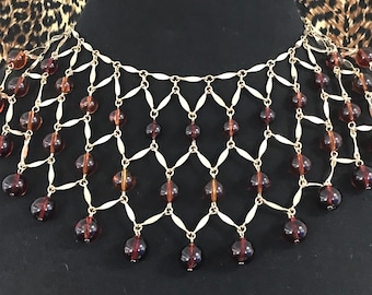 Vintage Brown Beaded Bib Necklace, Designer Signed Collectible Costume Jewelry, Old Hollywood Regency Glam Style Jewelry