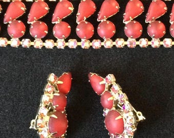 Vintage Red Rhinestone Bracelet & Clip On Earrings Jewelry Set, 1950's 1960's Jewelry