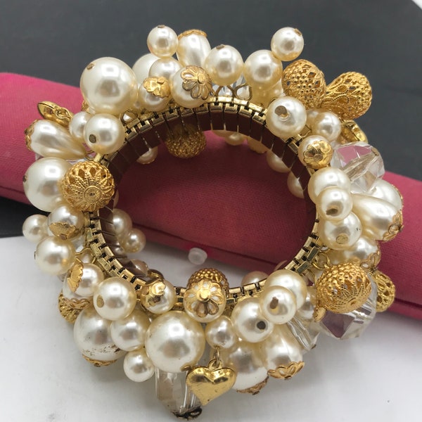 Vintage Cha Cha Bracelet, White & Gold Beaded Large High End Jewelry, 1950s 1960s Collectible Expandable Bracelet, Vintage Gift for Her