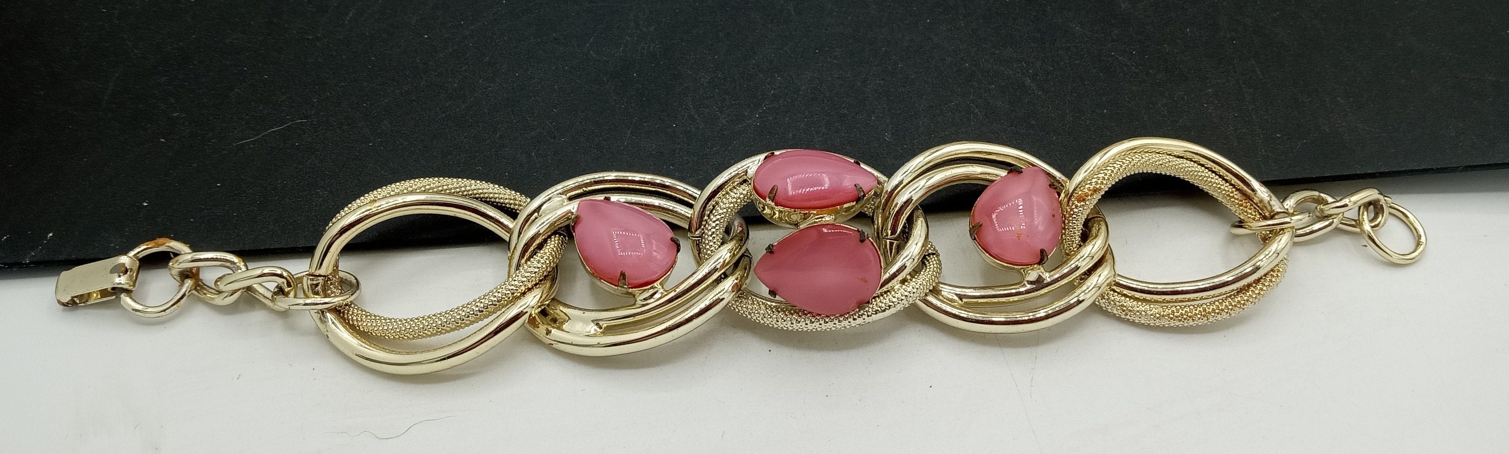 Vintage Pink Glass Chunky Bracelet, 1950's Costume Jewelry