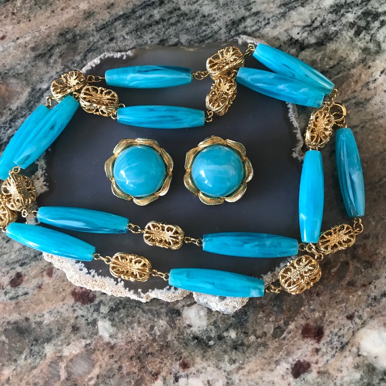 Vintage Aqua Lucite Necklace & Earrings Demi Parure 1950's Collectible Jewelry Set Rockabilly Mad Men Mod Theater Movie Prop Vintage Gift image 1