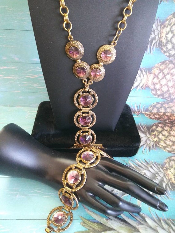 Vintage Purple & Gold Necklace Bracelet Statement 