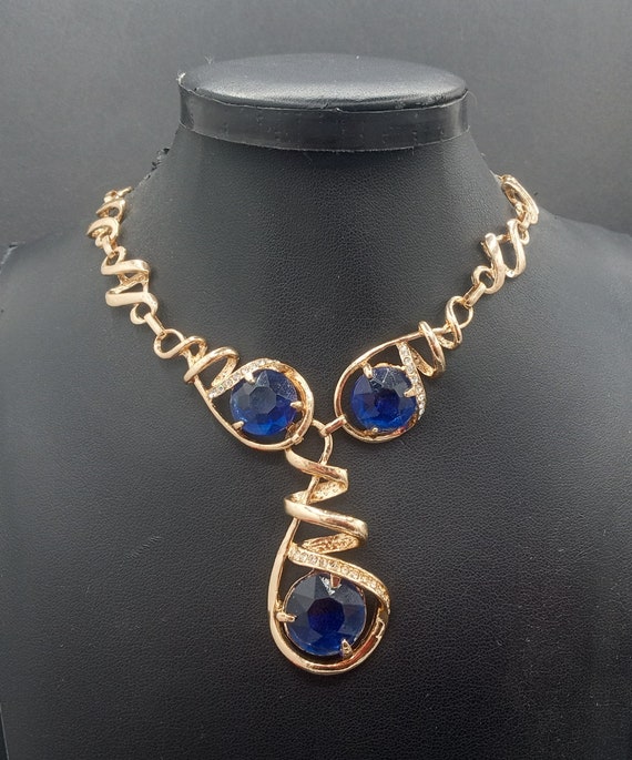 Vintage Unique Blue Glass Rhinestone Pendant Neck… - image 5