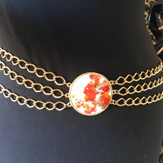 Orange and Gold Chain Belt Gold-Tone Red Medallion Chain Belt | Chico main image 3