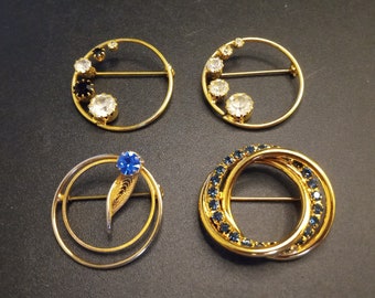 Vintage Set Of 4 Rhinestone Brooch Pins, 1950's 1960's Jewelry Lot