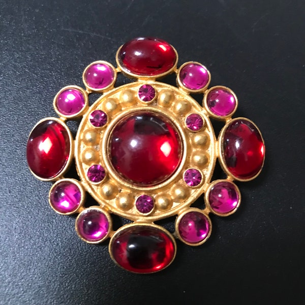 Vintage Signed Pink & Red Mogul Brooch Pin, 1980's 1990's Jewelry, Gift for Jewelry Lover, Vintage Present