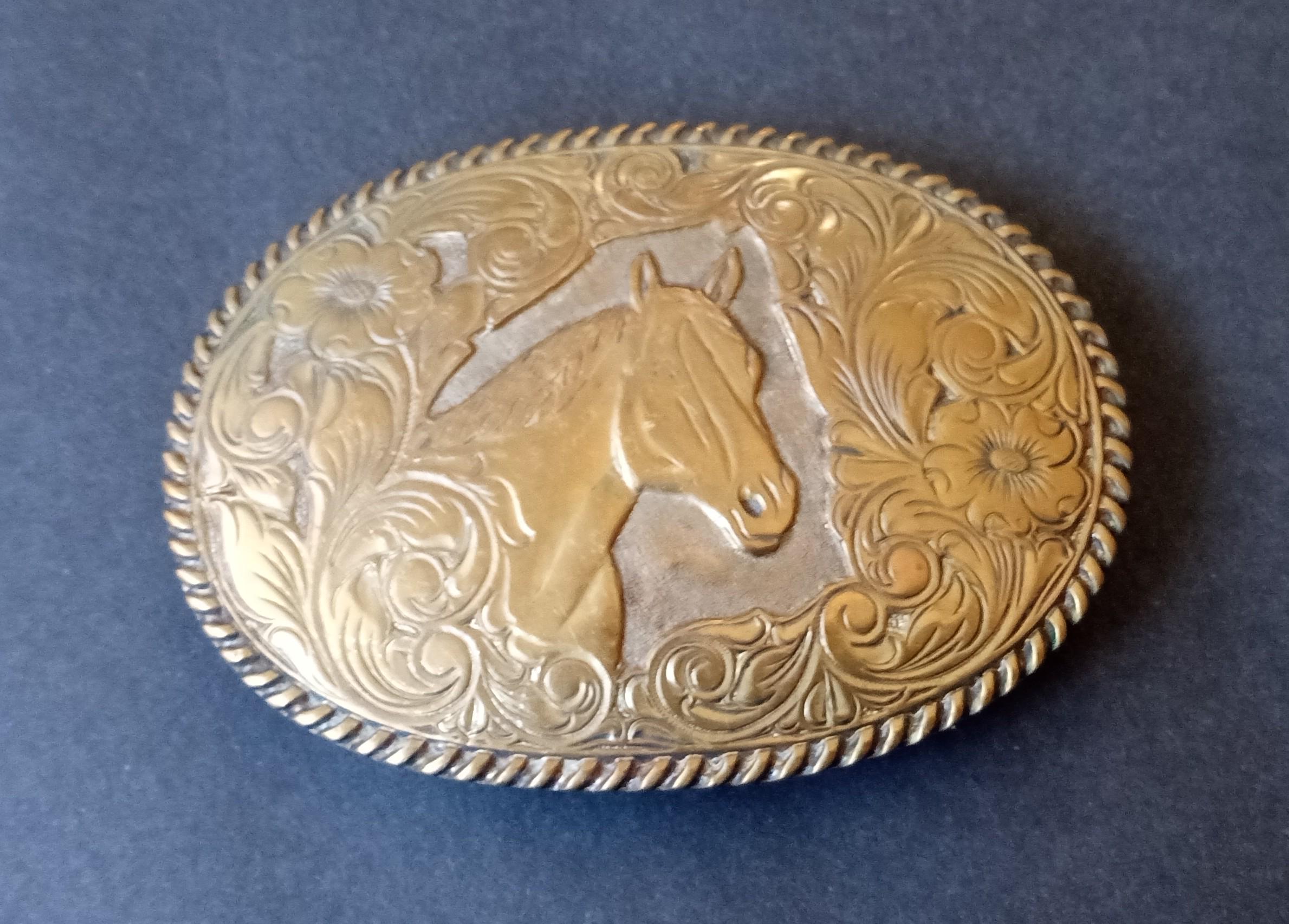 Vintage Metal Belt Buckle Silver Crumrine El Arturo Bronze Horse. Beautiful Vintage Brass Carved Horse Belt Buckle, Women or  main image 4