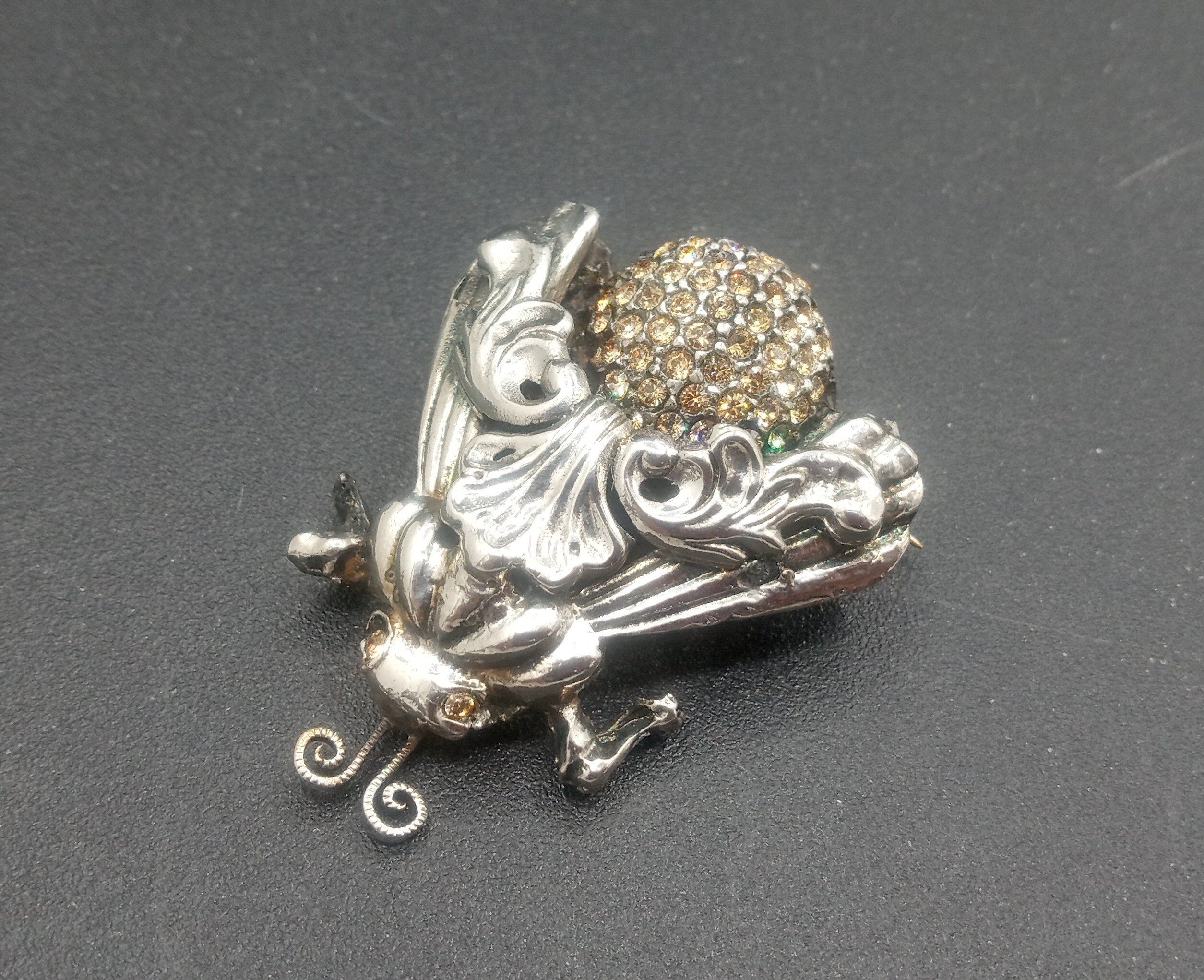 D. Pollak Vintage Designer Signed Rhinestone Beetle Bug Bee Brooch