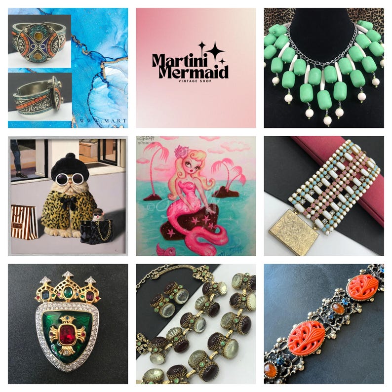 Peut inclure: Un collage de bijoux et d'art vintage. Comprend une bague avec des pierres color&eacute;es, un collier de perles vertes, une illustration de sir&egrave;ne, un chat portant des lunettes de soleil et un manteau l&eacute;opard, et une broche d&eacute;corative.