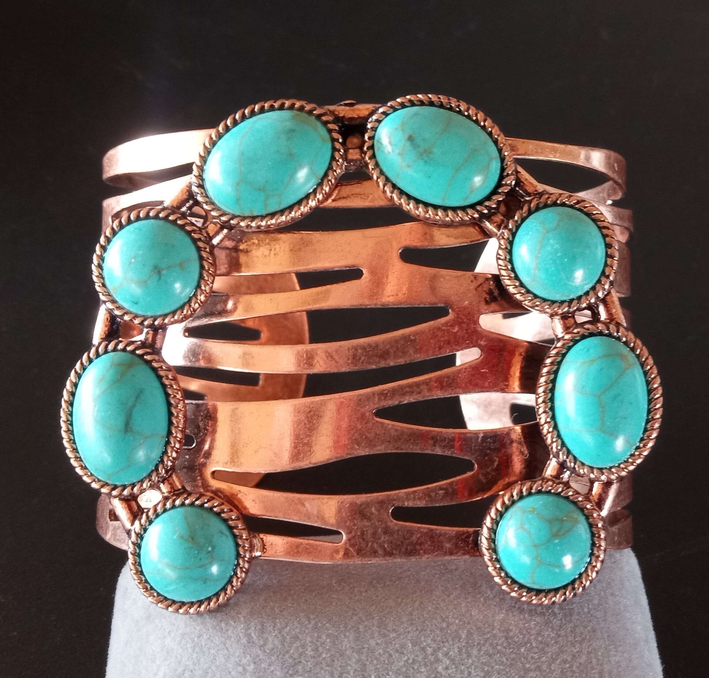 Vintage Copper Tone Faux Turquoise Chunky Wide Cuff Bracelet