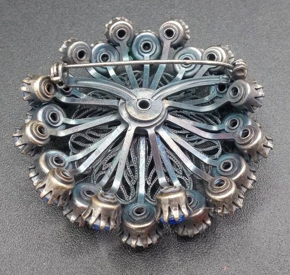 Broche Ancienne Double Fleurs Avec Strass Bleus - Bijou Vintage