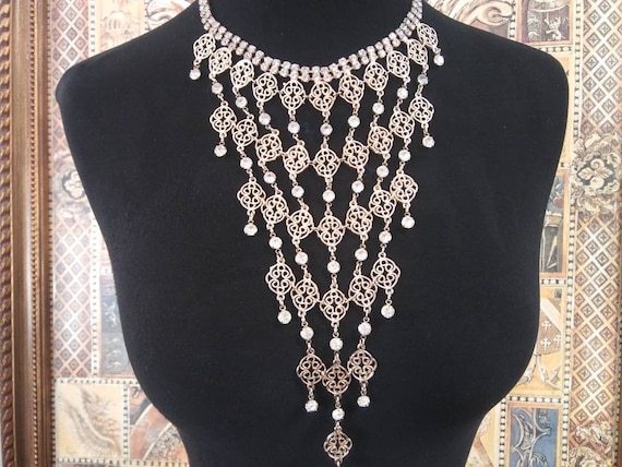 Vintage rhinestone bib statement necklace, vintag… - image 1