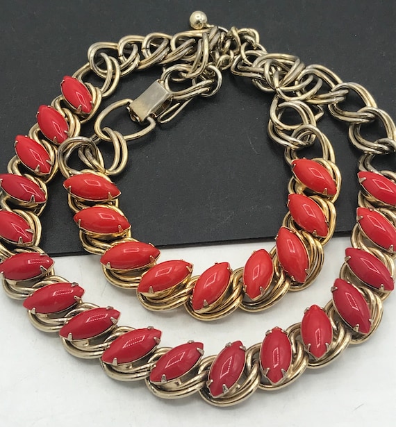 Red Rhinestone Necklace Bracelet Set Vintage Colle