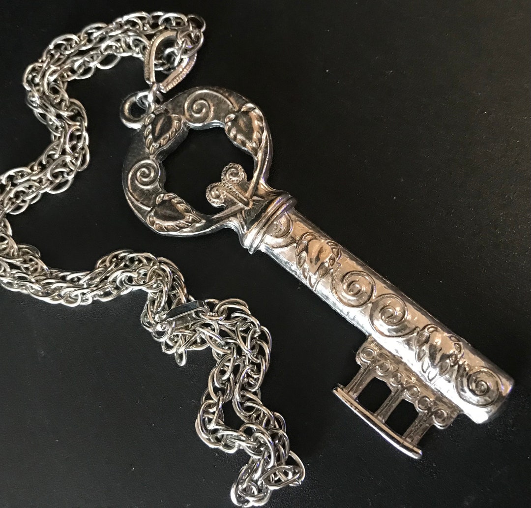 Large Key Pendant Vintage Silver Tone Metal Jewelry 1960s Etsy