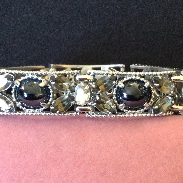 Vintage Rhinestone Silver Tone Metal Black Cabochon Panel Bracelet, 1970's 1980's Jewelry