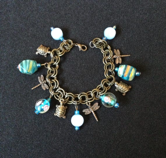 Vintage Aqua Glass Beads Chunky Gold Tone Charm Bracelet