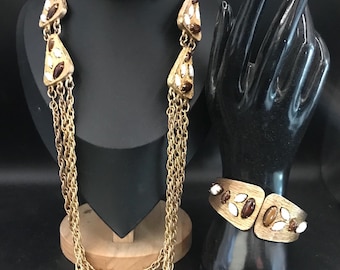 Vintage Gold Tone 3 Strand Rhinestone Statement Necklace & Clamper Bracelet Jewelry Set, 1950's 1960's High End Collectible Costume Jewelry