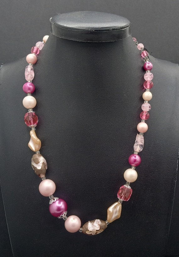 Vintage Pink Glass Beaded Necklace, Signed Japan 1