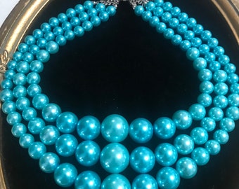 Aqua Turquoise Blue 3 Strand Necklace, Vintage Statement 1980's Jewelry