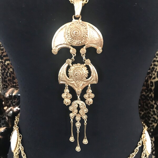 Vintage Etruscan Style Necklace, gold tone large pendant, 1960s 1970s, long necklace, high end jewelry, fringe necklace, tassel necklace