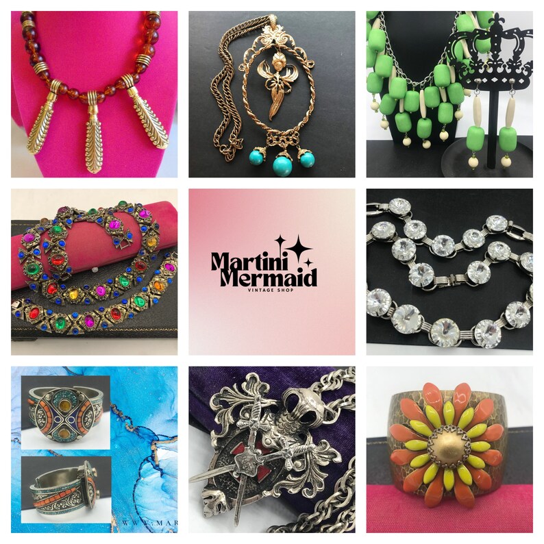May include: A collection of vintage jewelry pieces including a gold necklace with turquoise stones, a green and white beaded necklace, a silver necklace with a sword and shield pendant, a ring with colorful stones, a ring with a flower design, and a bracelet with colorful stones.