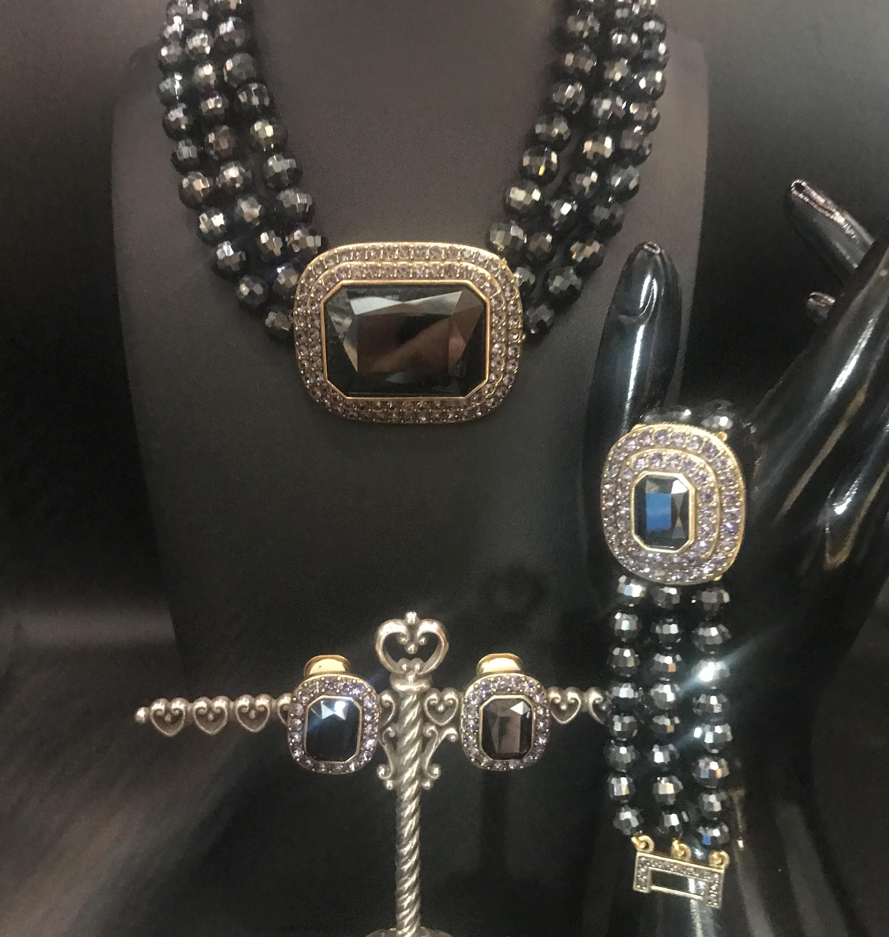 Vintage Heidi Daus Designer Signed Black Glass Beaded & Lavender