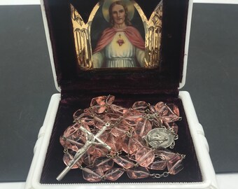 Vintage Rosary Lot of 3 Pieces, Religious Glass Crosses, Jesus Picture Collectible Lucite Display Box, Mid Century Collectible Home Decor