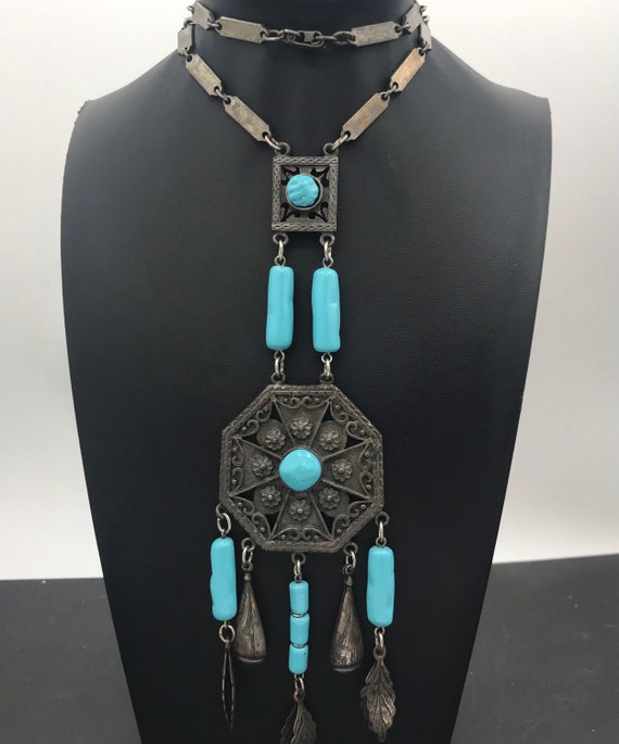 Art deco Necklace, Aqua Blue Glass Beaded Pendant 