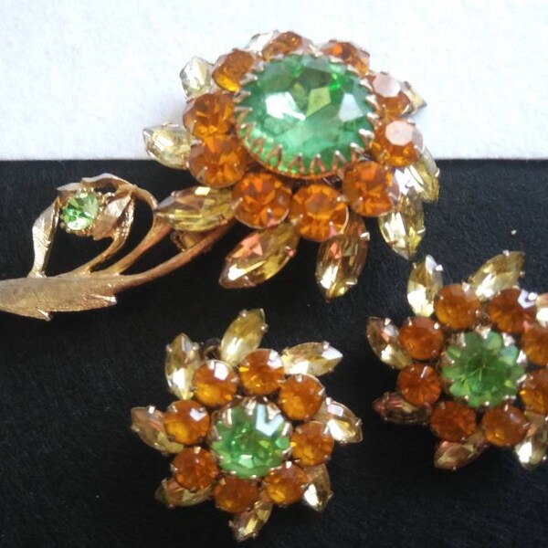 Judy Lee Designer Signed Vintage Rhinestone Brooch Earring Set - High End Collectible Jewelry - 1960s