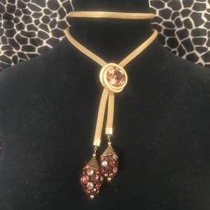 Long Lariat rhinestone gold tone metal necklace, mid century 1950s jewelry collectible gift
