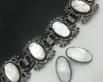 Vintage Chunky Shell Bracelet Earring Set, 1950s 1960s Collectible Fashion Costume Jewelry Gift for Her