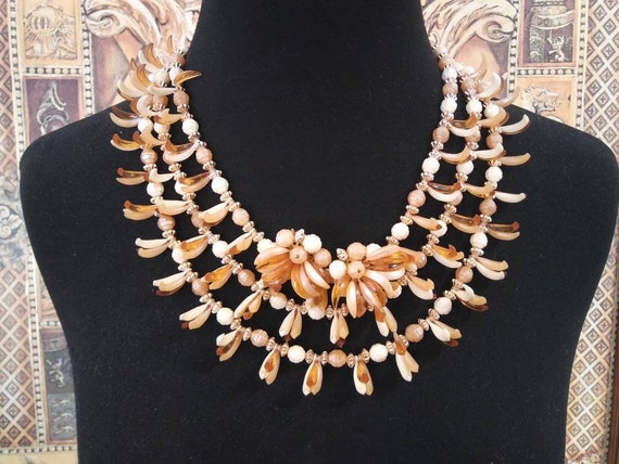 Unique beige 3 strand beaded mid-century necklace… - image 1