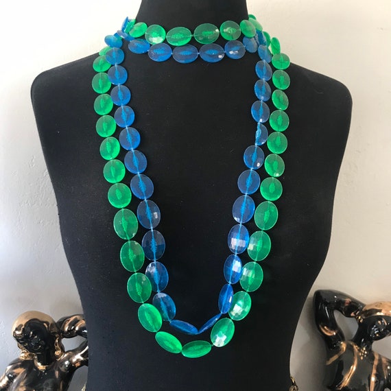 Vintage Blue Green Flapper Length Necklace ** Mad… - image 8