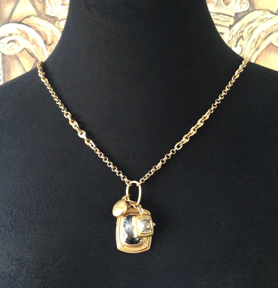 Brighton Vintage Designer Signed Long Gold Tone Chain Rhinestone Charm ...