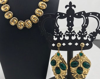 Demi Parure, Vintage Necklace Dangle Drop Green Mogul Lucite Rhinestone Earring Set, 1970's Vintage Jewelry