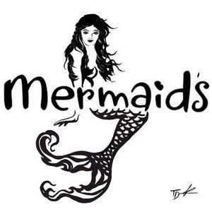 May include: Black and white illustration of a mermaid with the word "mermaids" written above her. The mermaid has long flowing hair and a scaly tail.
